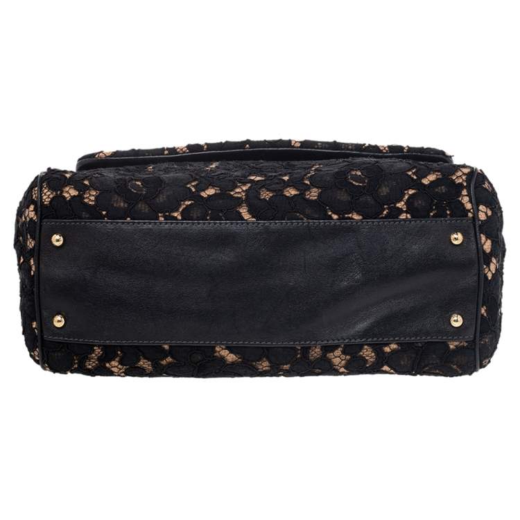 Pre Owned Dolce & Gabbana Black Lace And Leather Medium Miss Sicily Top Handle Bag