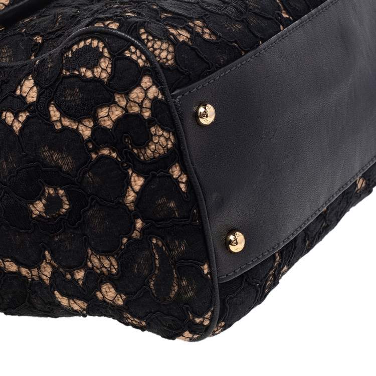 Pre Owned Dolce & Gabbana Black Lace And Leather Medium Miss Sicily Top Handle Bag