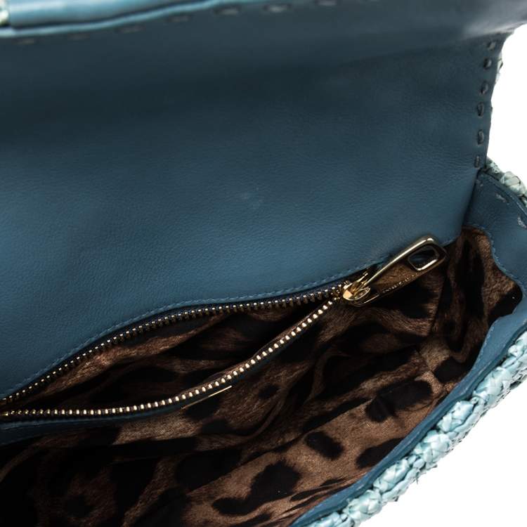 Pre Owned Dolce & Gabbana Blue Woven Raffia and Leather Padlock Shoulder Bag