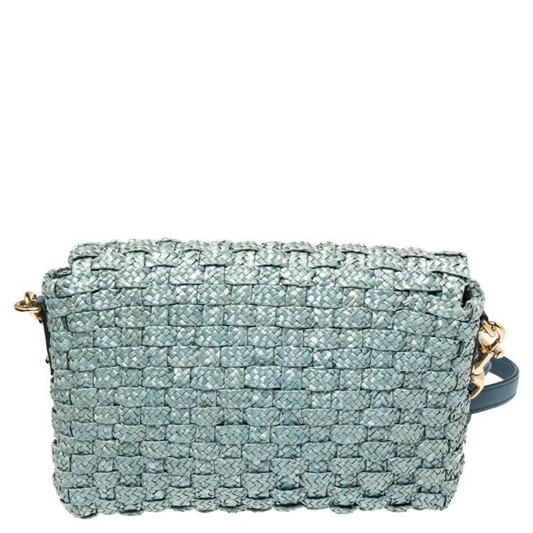 Pre Owned Dolce & Gabbana Blue Woven Raffia and Leather Padlock Shoulder Bag