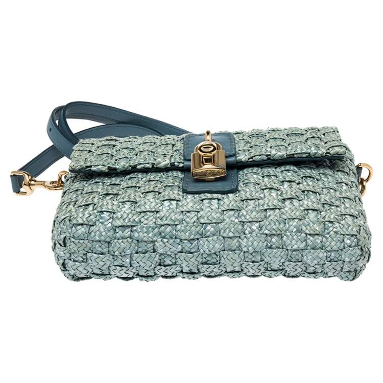 Pre Owned Dolce & Gabbana Blue Woven Raffia and Leather Padlock Shoulder Bag