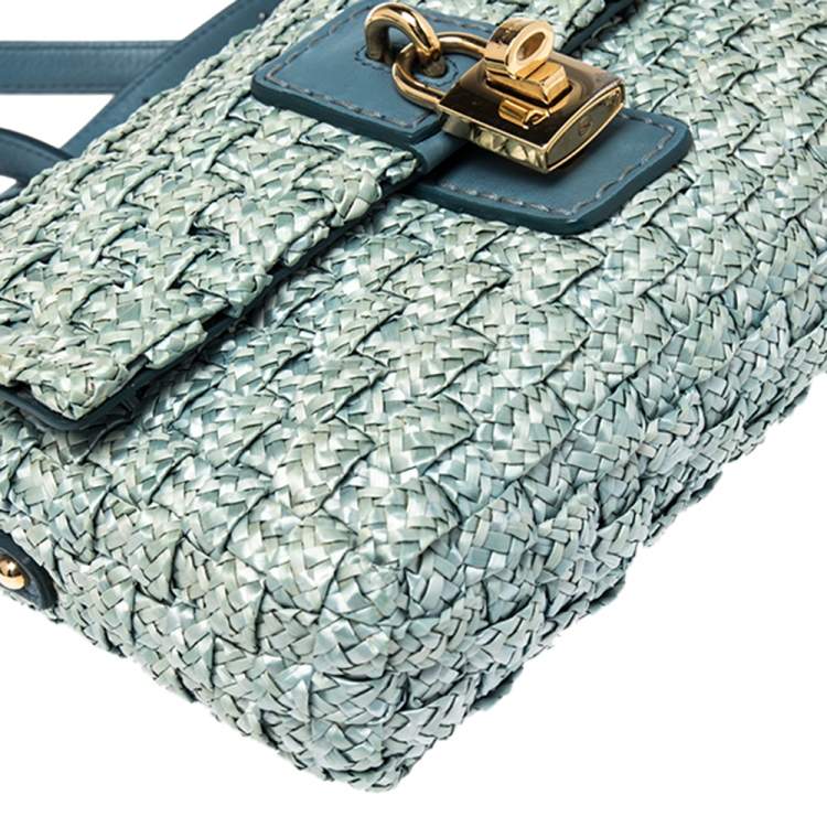 Pre Owned Dolce & Gabbana Blue Woven Raffia and Leather Padlock Shoulder Bag