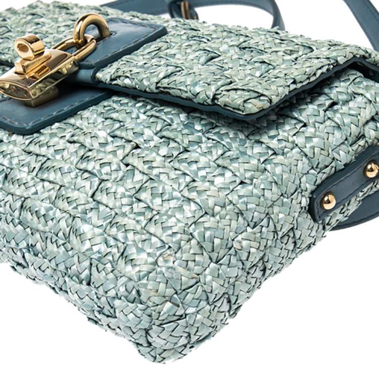 Pre Owned Dolce & Gabbana Blue Woven Raffia and Leather Padlock Shoulder Bag
