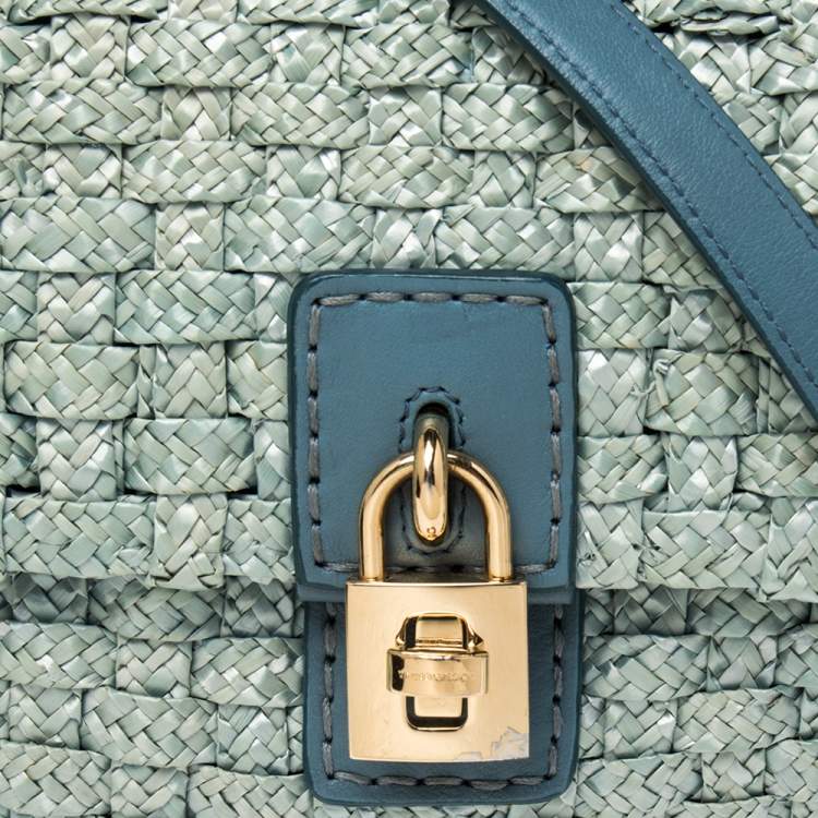 Pre Owned Dolce & Gabbana Blue Woven Raffia and Leather Padlock Shoulder Bag