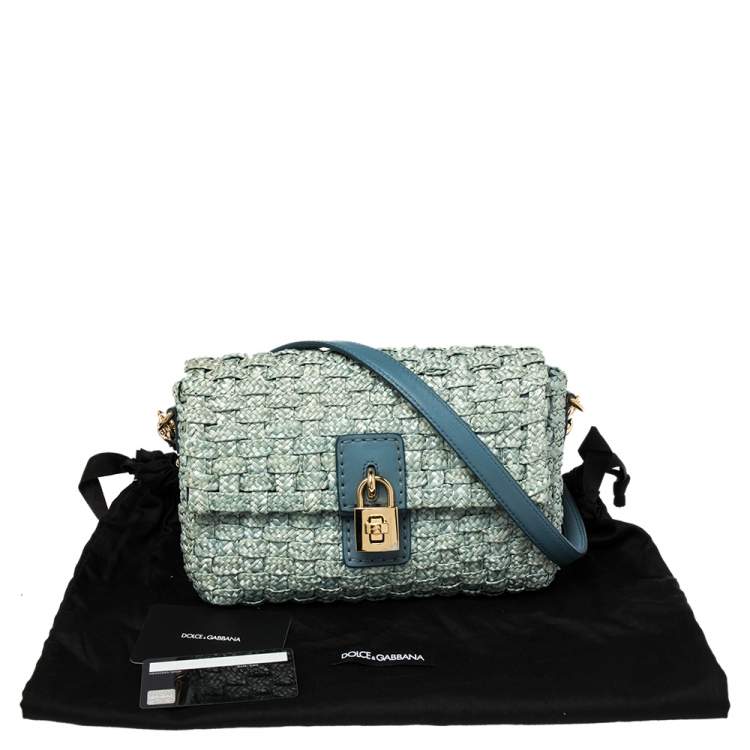 Pre Owned Dolce & Gabbana Blue Woven Raffia and Leather Padlock Shoulder Bag