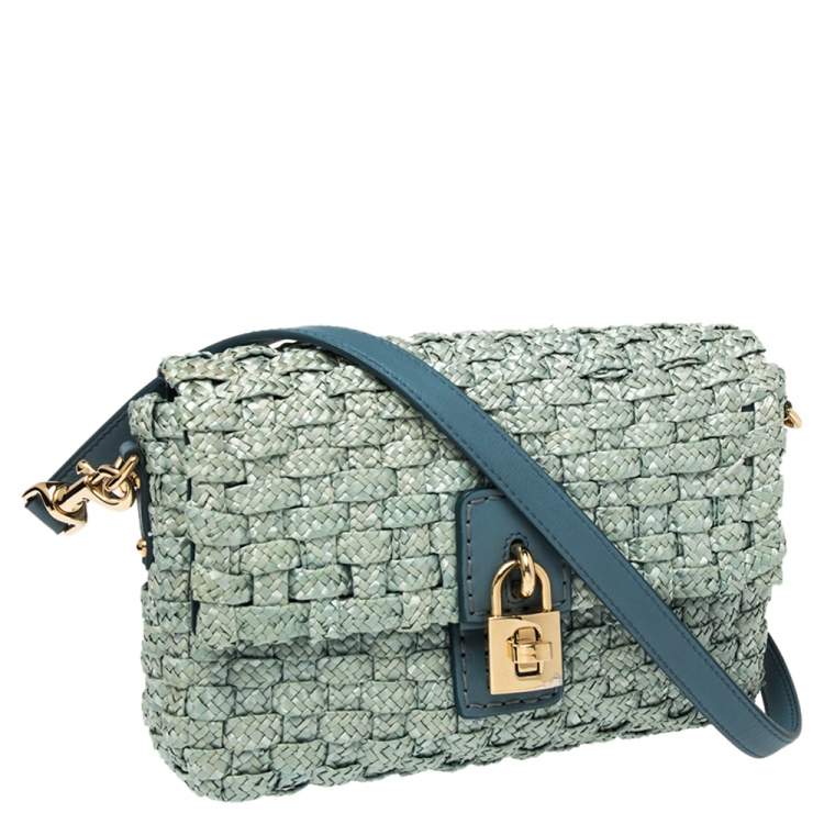 Pre Owned Dolce & Gabbana Blue Woven Raffia and Leather Padlock Shoulder Bag