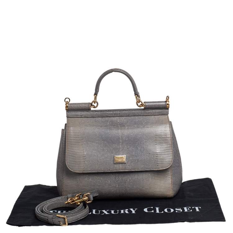 Pre Owned Dolce & Gabbana Grey Lizard Embossed Leather Medium Miss Sicily Bag