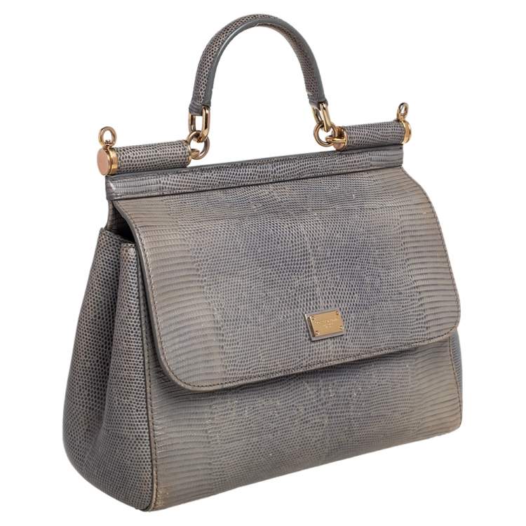 Pre Owned Dolce & Gabbana Grey Lizard Embossed Leather Medium Miss Sicily Bag