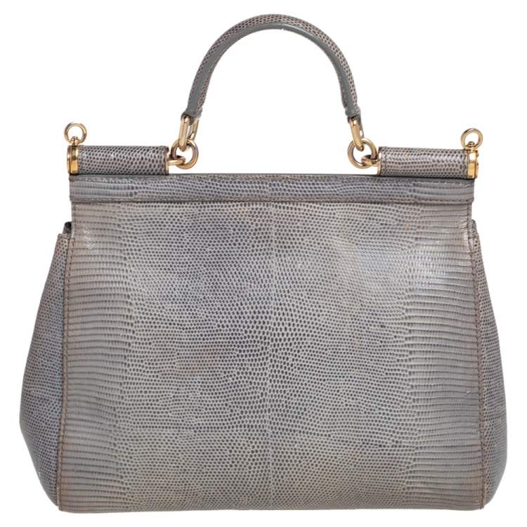 Pre Owned Dolce & Gabbana Grey Lizard Embossed Leather Medium Miss Sicily Bag