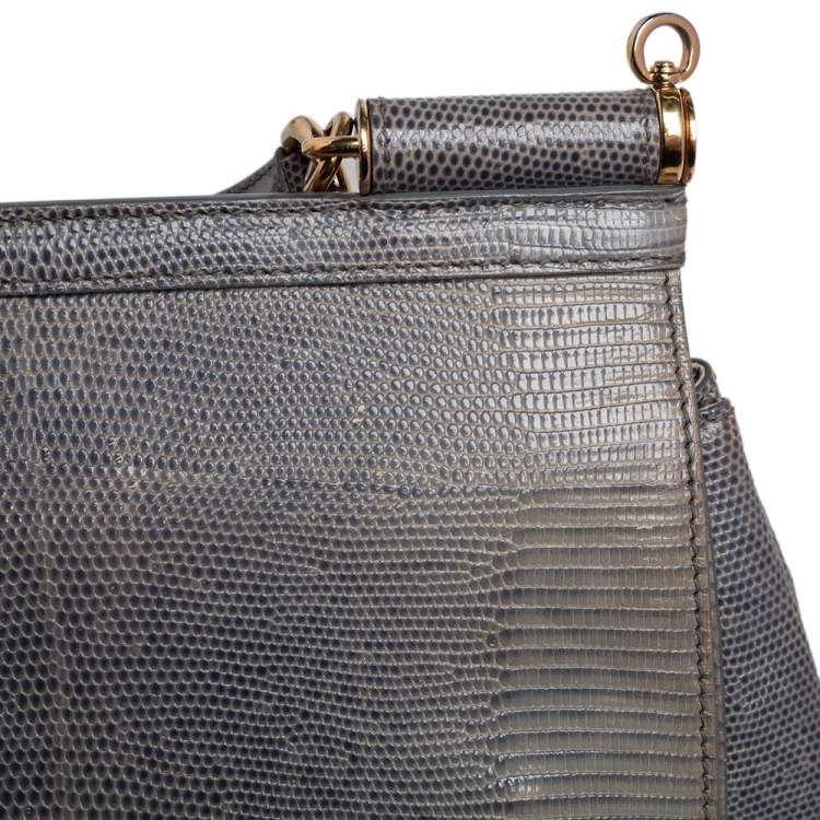 Pre Owned Dolce & Gabbana Grey Lizard Embossed Leather Medium Miss Sicily Bag