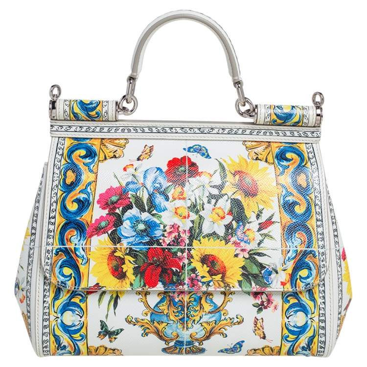 Dolce & Gabbana White/Multicolor Floral Print Leather Medium Miss Sicily  Top Handle Bag Dolce & Gabbana