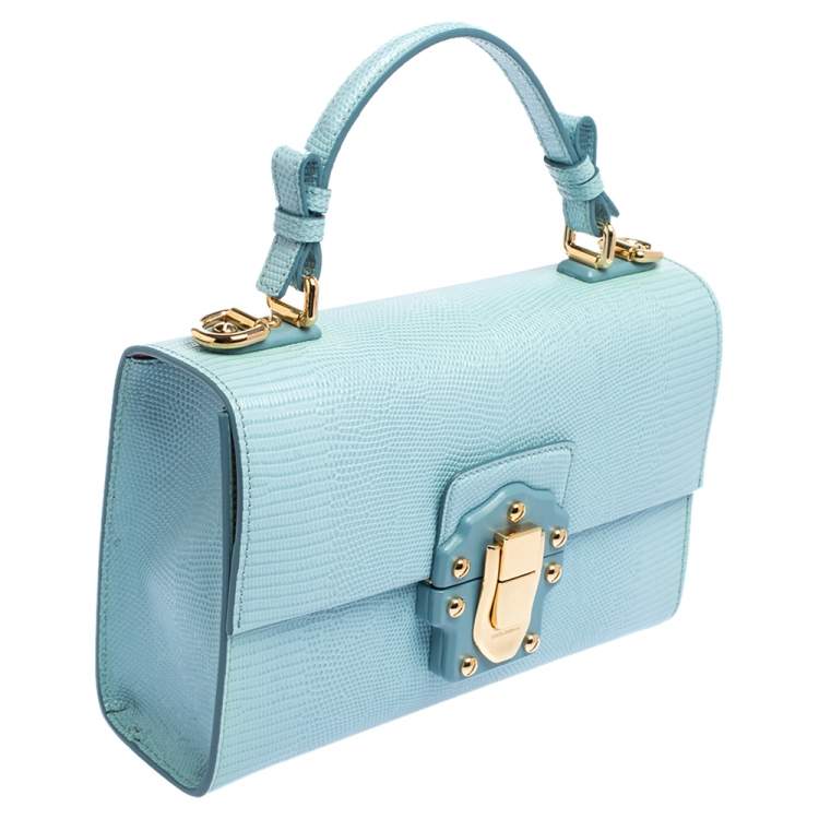 Pre Owned Dolce & Gabbana Light Blue Lizard Embossed Leather Lucia Top Handle Bag