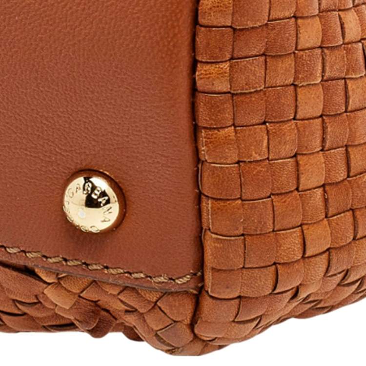 Pre Owned Dolce & Gabbana Tan Woven Leather Medium Miss Sicily Top Handle Bag