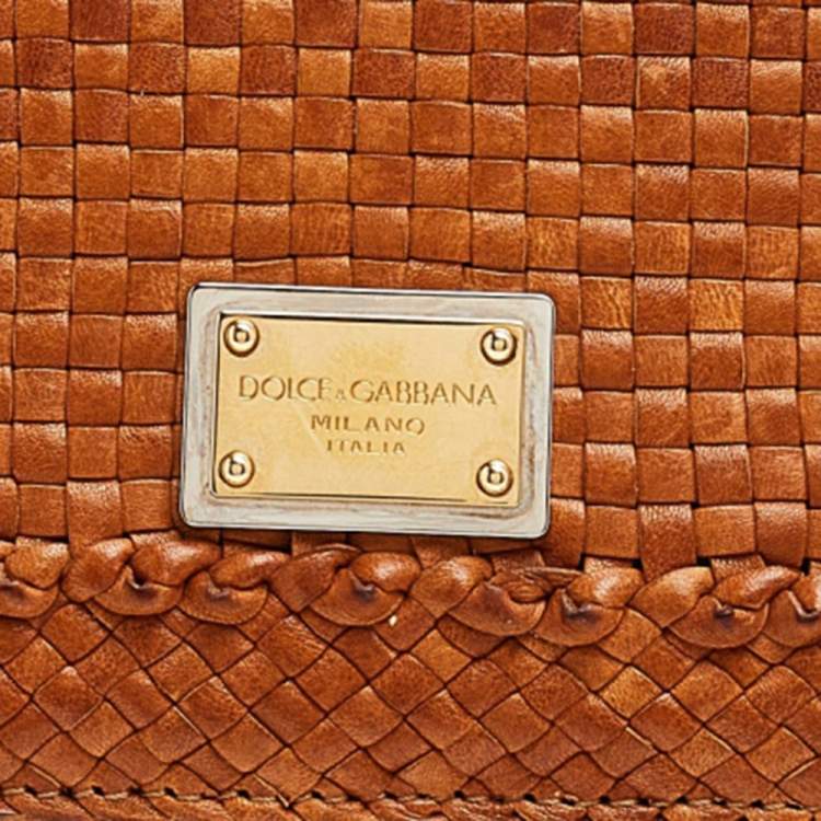 Pre Owned Dolce & Gabbana Tan Woven Leather Medium Miss Sicily Top Handle Bag