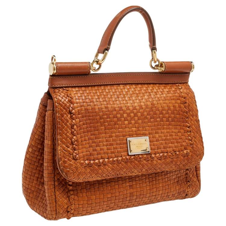 Pre Owned Dolce & Gabbana Tan Woven Leather Medium Miss Sicily Top Handle Bag