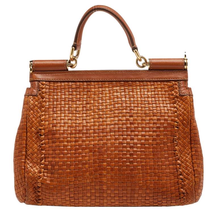 Pre Owned Dolce & Gabbana Tan Woven Leather Medium Miss Sicily Top Handle Bag