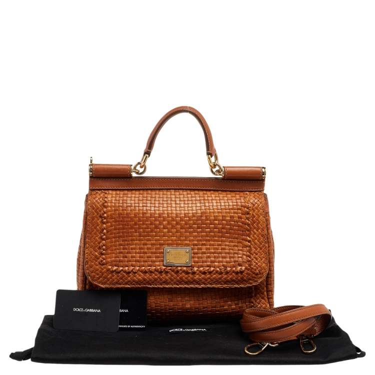 Pre Owned Dolce & Gabbana Tan Woven Leather Medium Miss Sicily Top Handle Bag