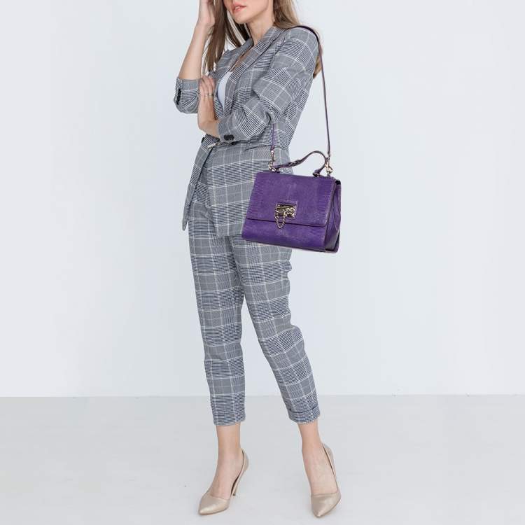 Pre Owned Dolce & Gabbana Purple Lizard Embossed Leather Medium Miss Monica Top Handle Bag