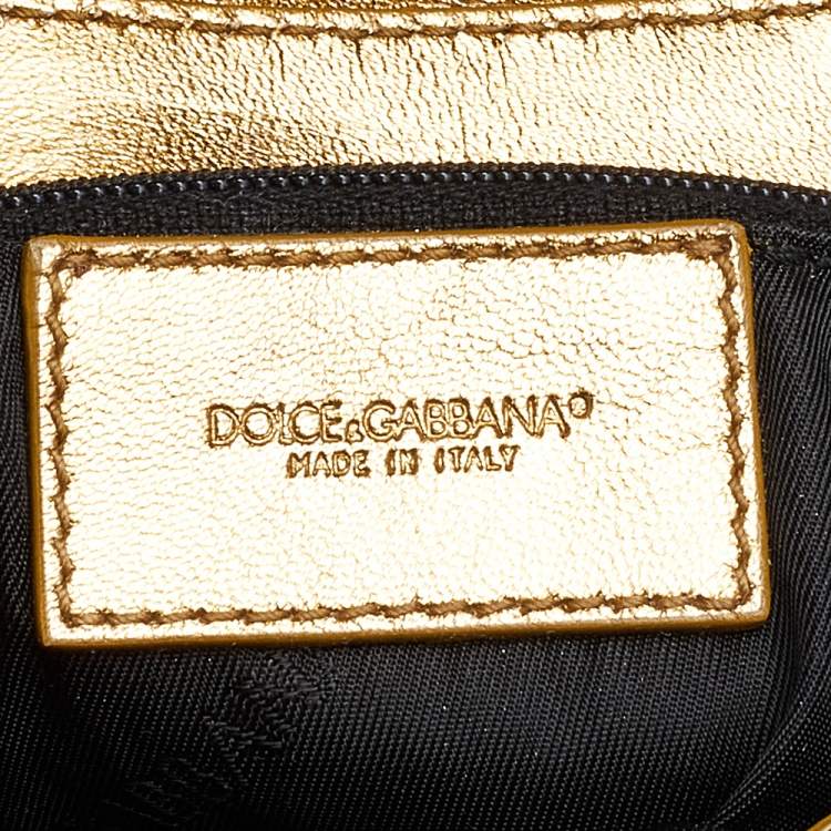 Pre Owned Dolce & Gabbana Gold/Beige Leather And Fabric Flap Shoulder Bag