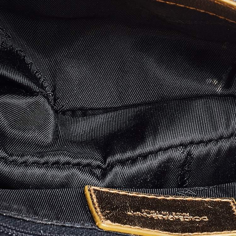 Pre Owned Dolce & Gabbana Gold/Beige Leather And Fabric Flap Shoulder Bag