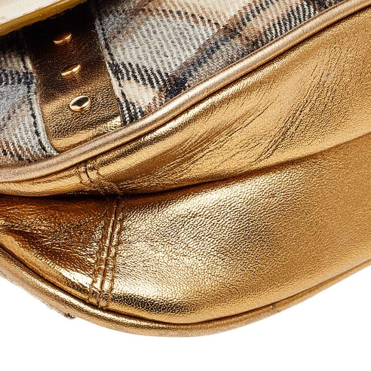 Pre Owned Dolce & Gabbana Gold/Beige Leather And Fabric Flap Shoulder Bag