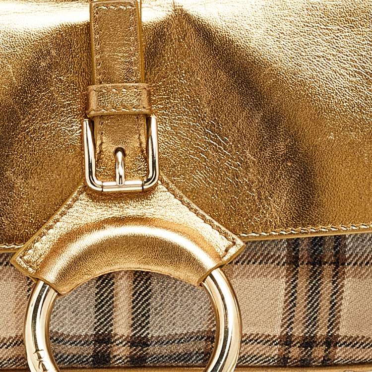 Pre Owned Dolce & Gabbana Gold/Beige Leather And Fabric Flap Shoulder Bag