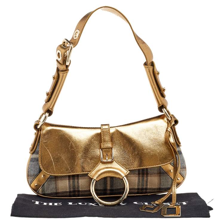 Pre Owned Dolce & Gabbana Gold/Beige Leather And Fabric Flap Shoulder Bag