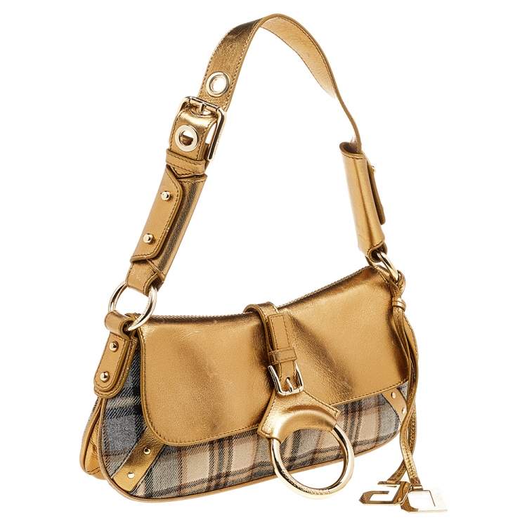 Pre Owned Dolce & Gabbana Gold/Beige Leather And Fabric Flap Shoulder Bag