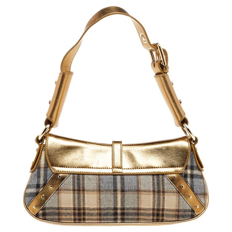Pre Owned Dolce & Gabbana Gold/Beige Leather And Fabric Flap Shoulder Bag