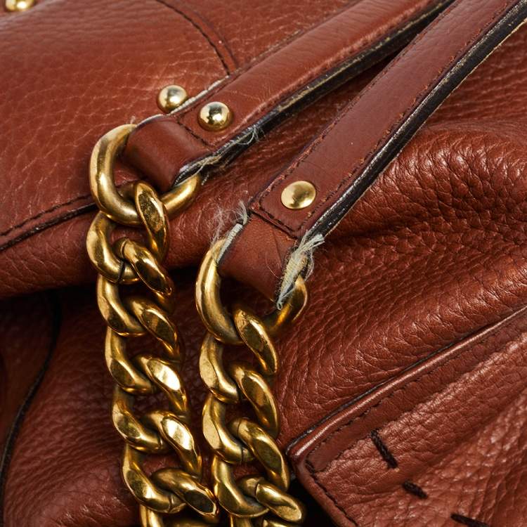 Pre Owned Dolce & Gabbana Brown Leather D Ring Flap Chain Hobo 