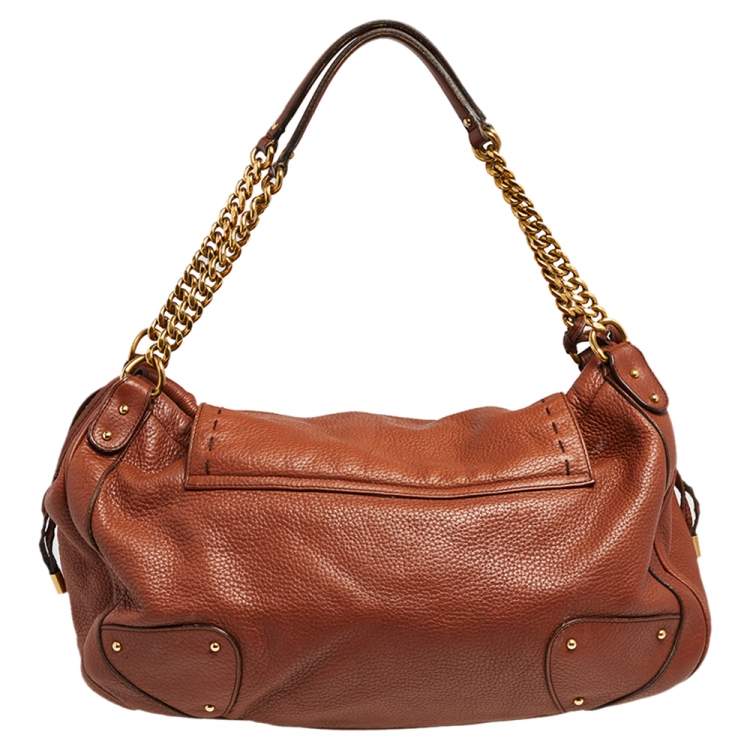Pre Owned Dolce & Gabbana Brown Leather D Ring Flap Chain Hobo 