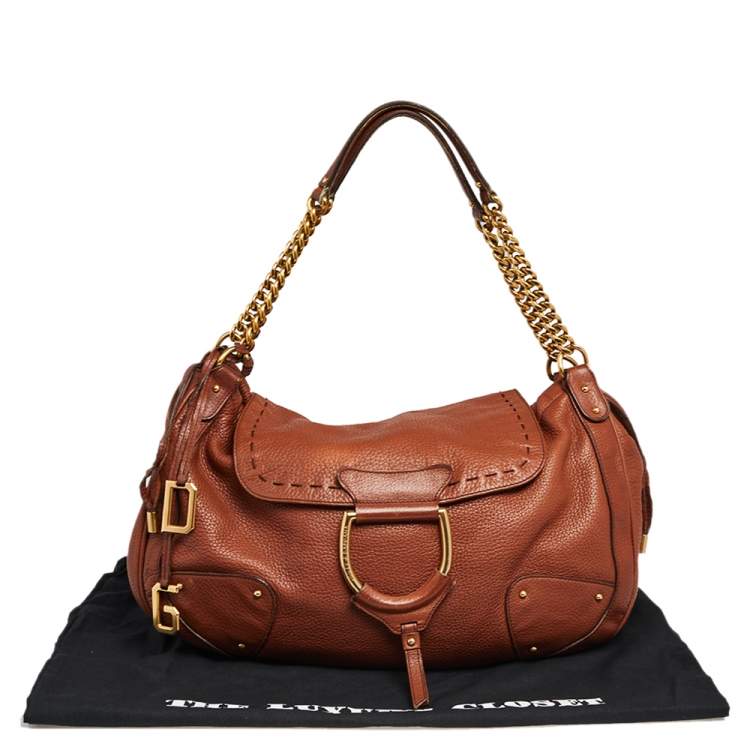Pre Owned Dolce & Gabbana Brown Leather D Ring Flap Chain Hobo 