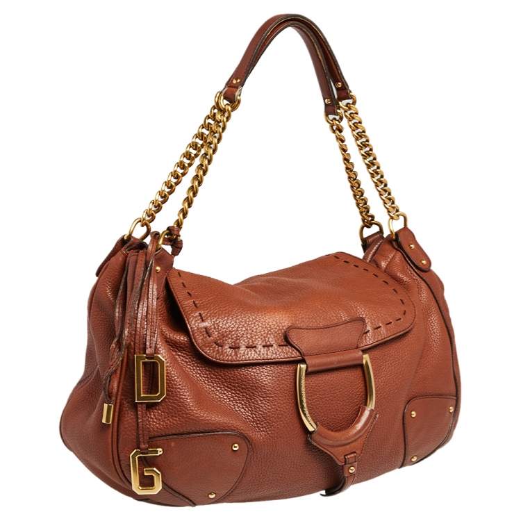 Pre Owned Dolce & Gabbana Brown Leather D Ring Flap Chain Hobo 