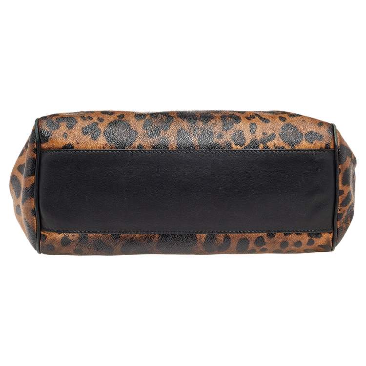 Pre Owned Dolce & Gabbana Black/Brown Leopard Print Coated Canvas and Leather Large Miss Sicily Top Handle Bag
