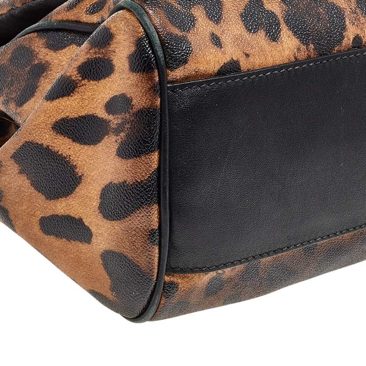 Pre Owned Dolce & Gabbana Black/Brown Leopard Print Coated Canvas and Leather Large Miss Sicily Top Handle Bag