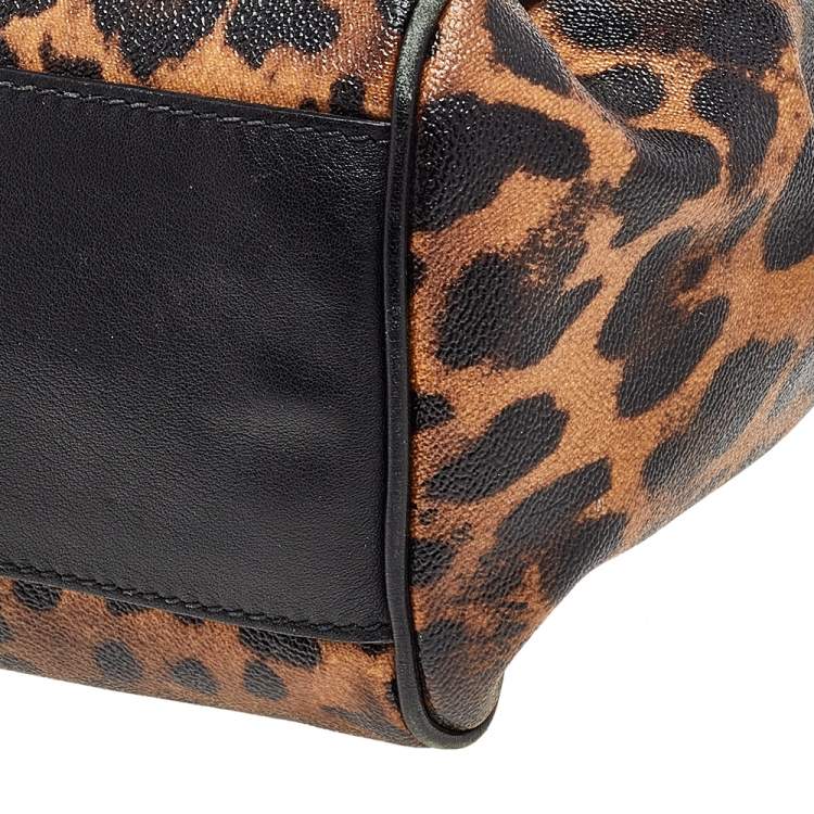 Pre Owned Dolce & Gabbana Black/Brown Leopard Print Coated Canvas and Leather Large Miss Sicily Top Handle Bag