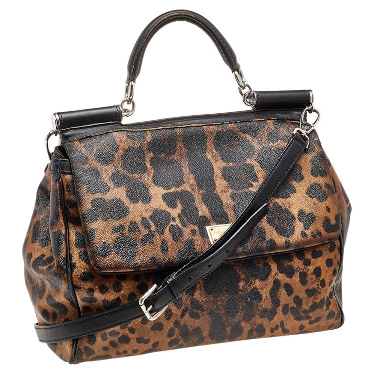 Pre Owned Dolce & Gabbana Black/Brown Leopard Print Coated Canvas and Leather Large Miss Sicily Top Handle Bag