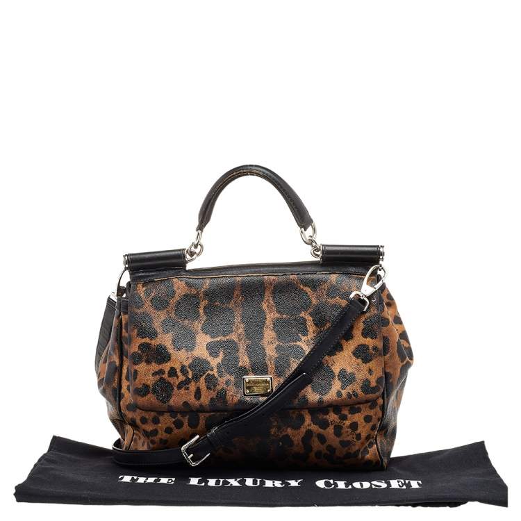 Pre Owned Dolce & Gabbana Black/Brown Leopard Print Coated Canvas and Leather Large Miss Sicily Top Handle Bag