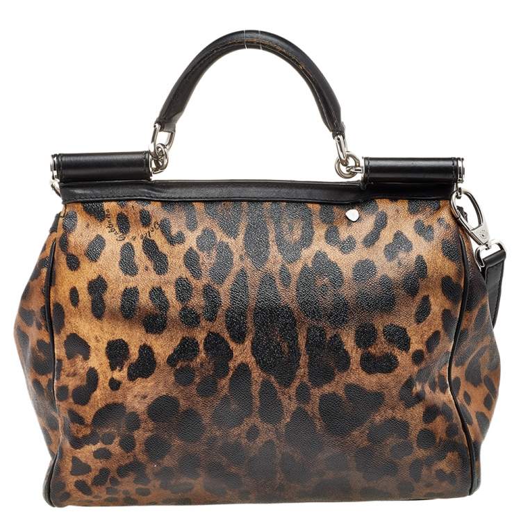 Pre Owned Dolce & Gabbana Black/Brown Leopard Print Coated Canvas and Leather Large Miss Sicily Top Handle Bag