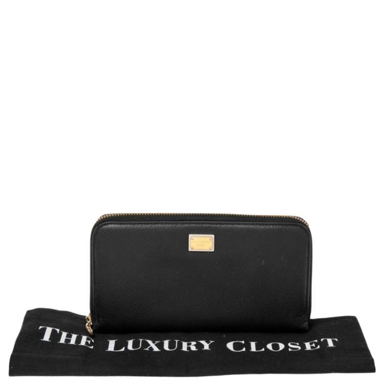 Pre Owned Dolce & Gabbana Black Leather Zip Around Continental Wallet