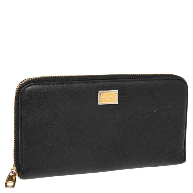 Pre Owned Dolce & Gabbana Black Leather Zip Around Continental Wallet