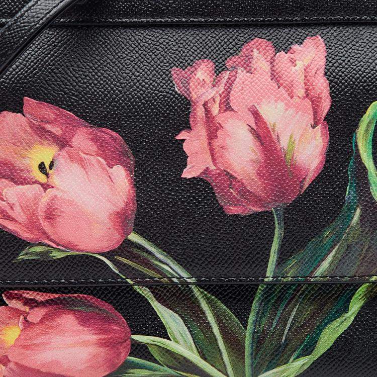 Pre Owned Dolce & Gabbana Black Floral Print Leather Miss Sicily Top Handle Bag