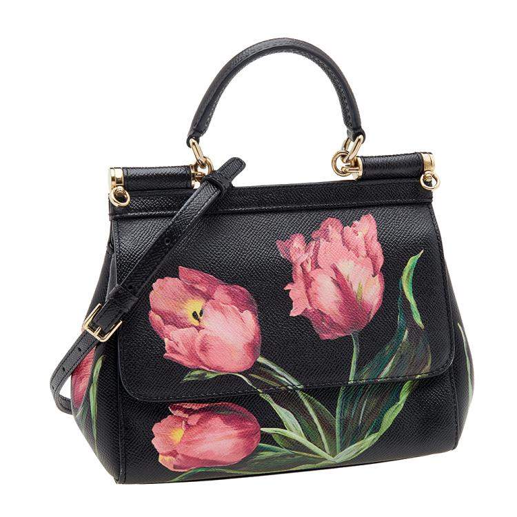 Pre Owned Dolce & Gabbana Black Floral Print Leather Miss Sicily Top Handle Bag