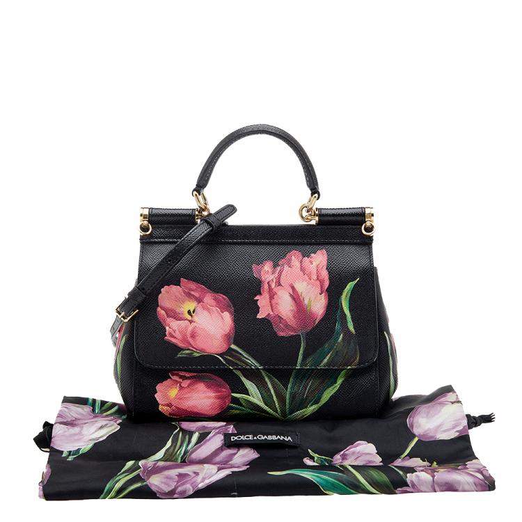 Pre Owned Dolce & Gabbana Black Floral Print Leather Miss Sicily Top Handle Bag