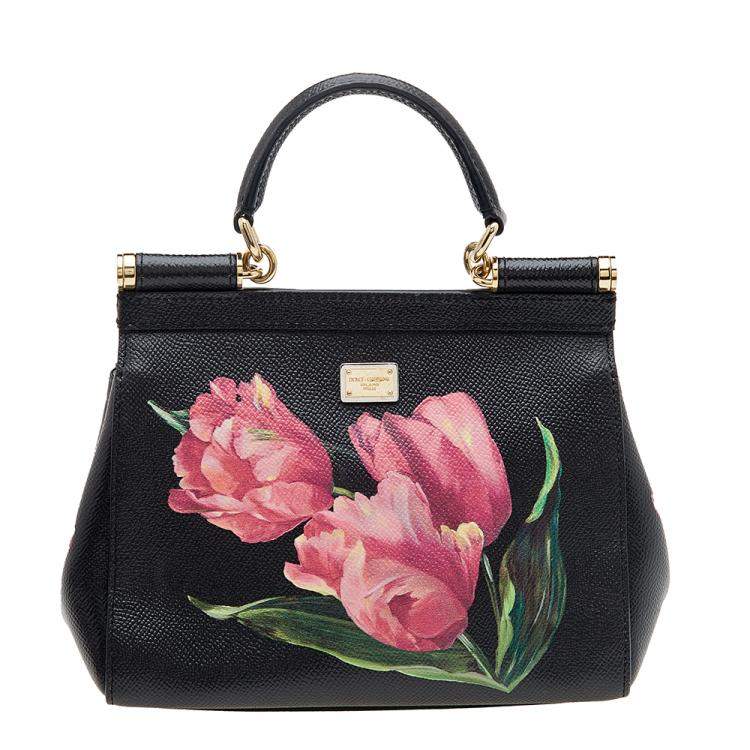 Pre Owned Dolce & Gabbana Black Floral Print Leather Miss Sicily Top Handle Bag
