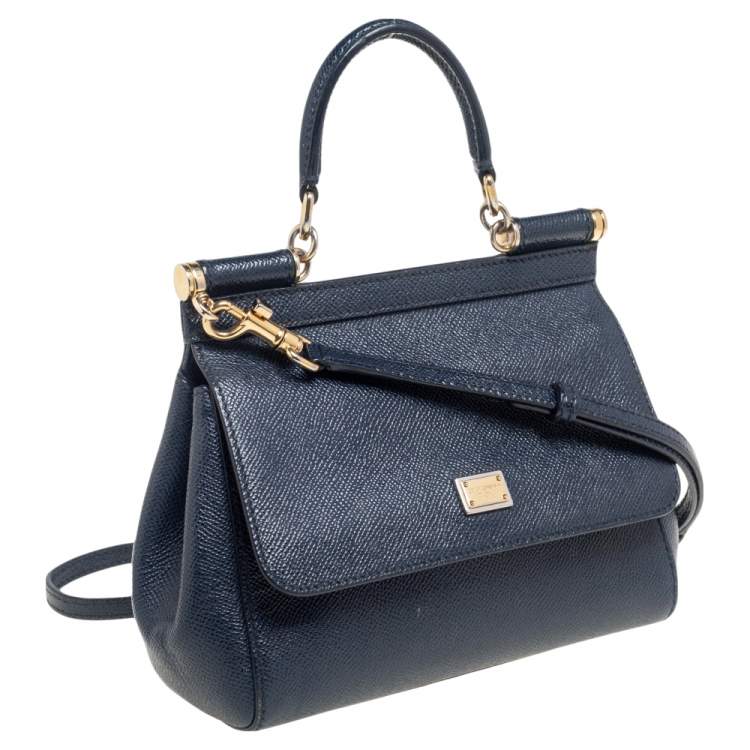 Pre Owned Dolce & Gabbana Navy Blue Leather Small Miss Sicily Top Handle Bag