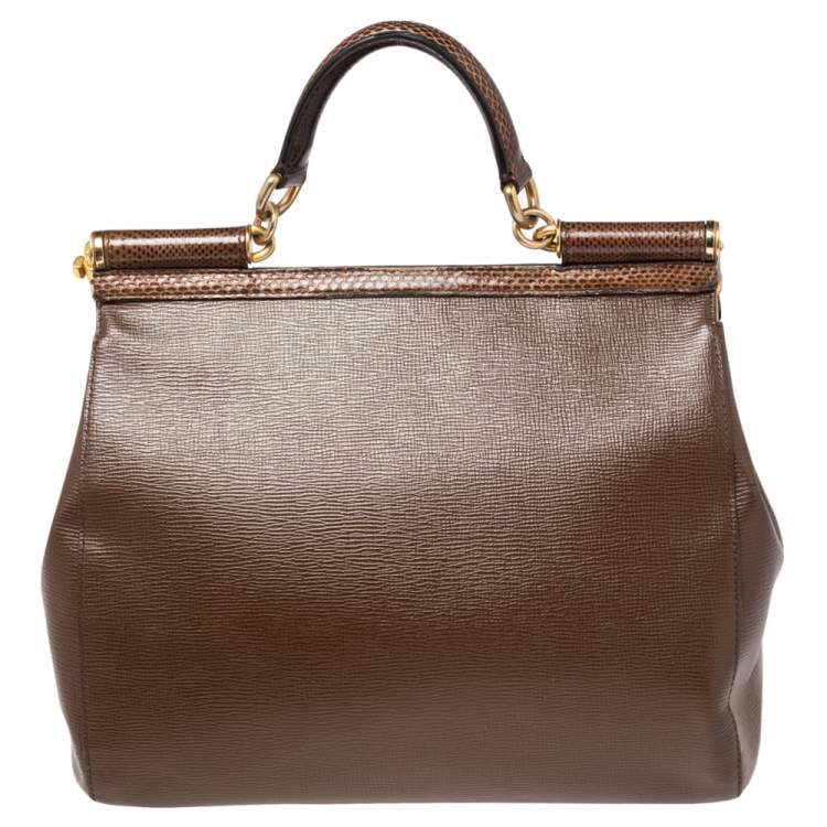 Pre Owned Dolce & Gabbana Brown Snakeskin and Leather Large Miss Sicily Top Handle Bag
