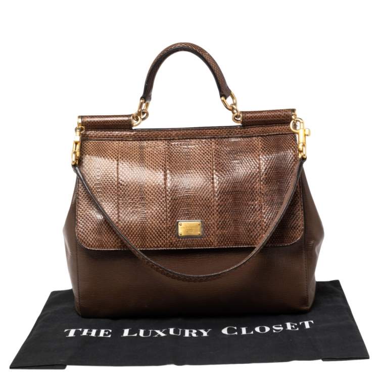 Pre Owned Dolce & Gabbana Brown Snakeskin and Leather Large Miss Sicily Top Handle Bag