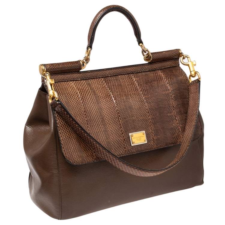 Pre Owned Dolce & Gabbana Brown Snakeskin and Leather Large Miss Sicily Top Handle Bag