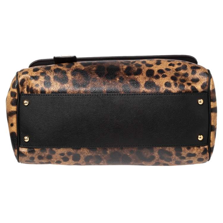 Pre Owned Dolce & Gabbana Black/Brown Leopard Print Coated Canvas and Leather Large Miss Sicily Top Handle Bag